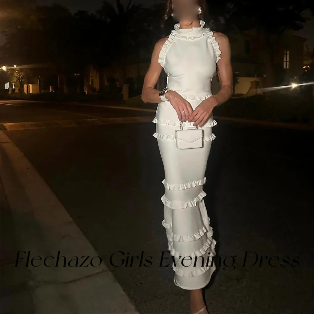 Flechazo White Evening Dresses High Neck Sleeveless Tiered Ruffles Ankle-length Party Simple Dress For Women 2024 robe de soiree