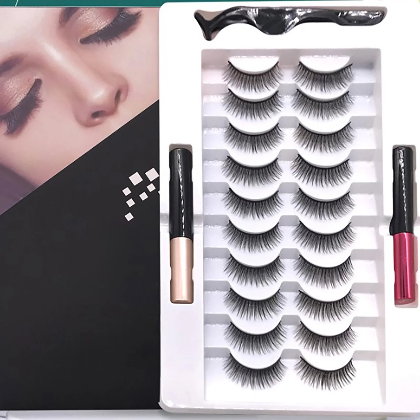 10 Pairs Magnetism Eyelashes Kit Handmade Lightweight Reusable Magnetic Lashes with Eyeliner Applicator Synthetic Fiber