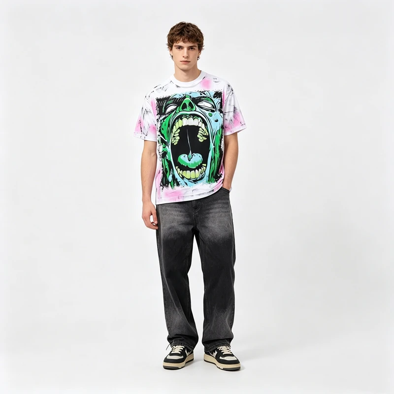 Monster-Schrei-Grafik-T-Shirt für Herren, Strass-Verzierung, Pink Tie-Dye, Oversized Punk Gothic Vintage Streetwear T-Shirt, Washed-Look – Detail 4