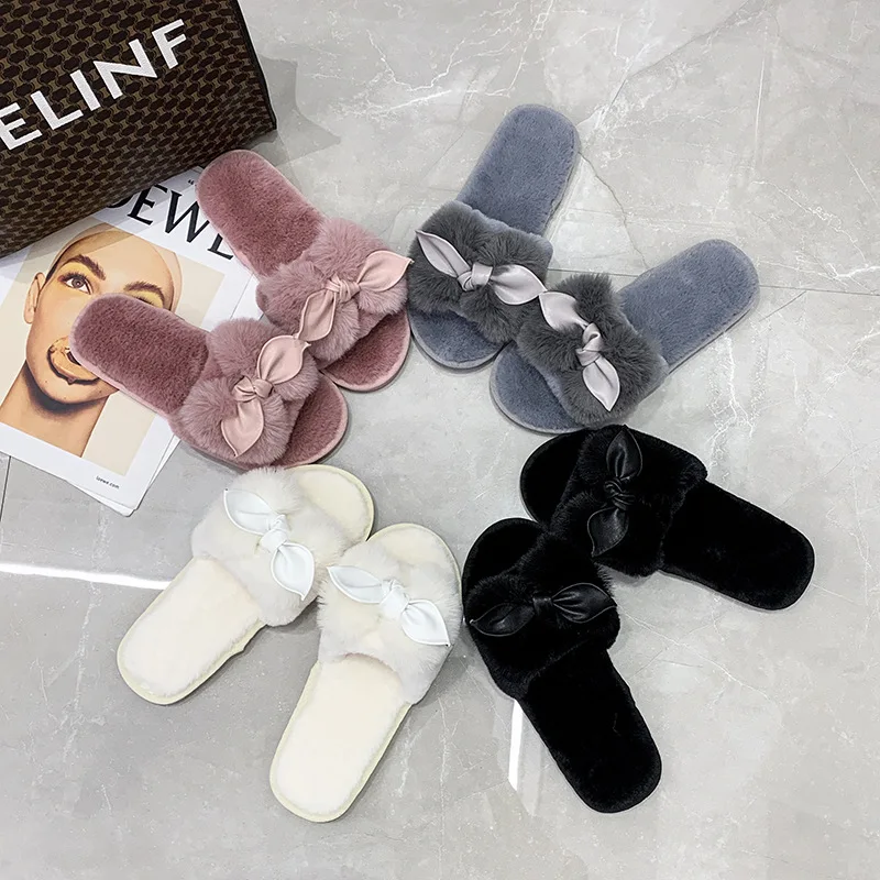 

Autumn and winter women's fashion indoor plush shoes new cute bow household warm fluffy lightweight non-slip flat shoes