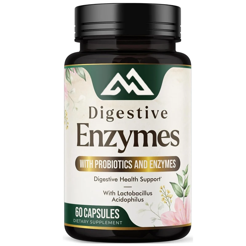 Digestive enzyme containing probiotics and bromelain - supports digestion, bloating, and intestinal health, non GMO -60 capsules