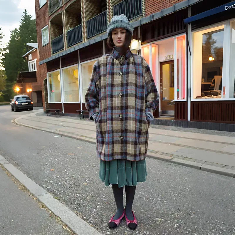 

2023 осенне-зимнее женское новое шерстяное пальто в клетку с воротником-стойкой, модный дизайн, зимняя теплая одежда, женская ветровка