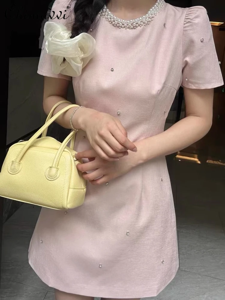 

Французское элегантное милое светское платье для дня рождения, расшитое бисером, с круглым вырезом, пышными рукавами, с высокой талией, тонкое розовое короткое платье трапециевидной формы для женщин