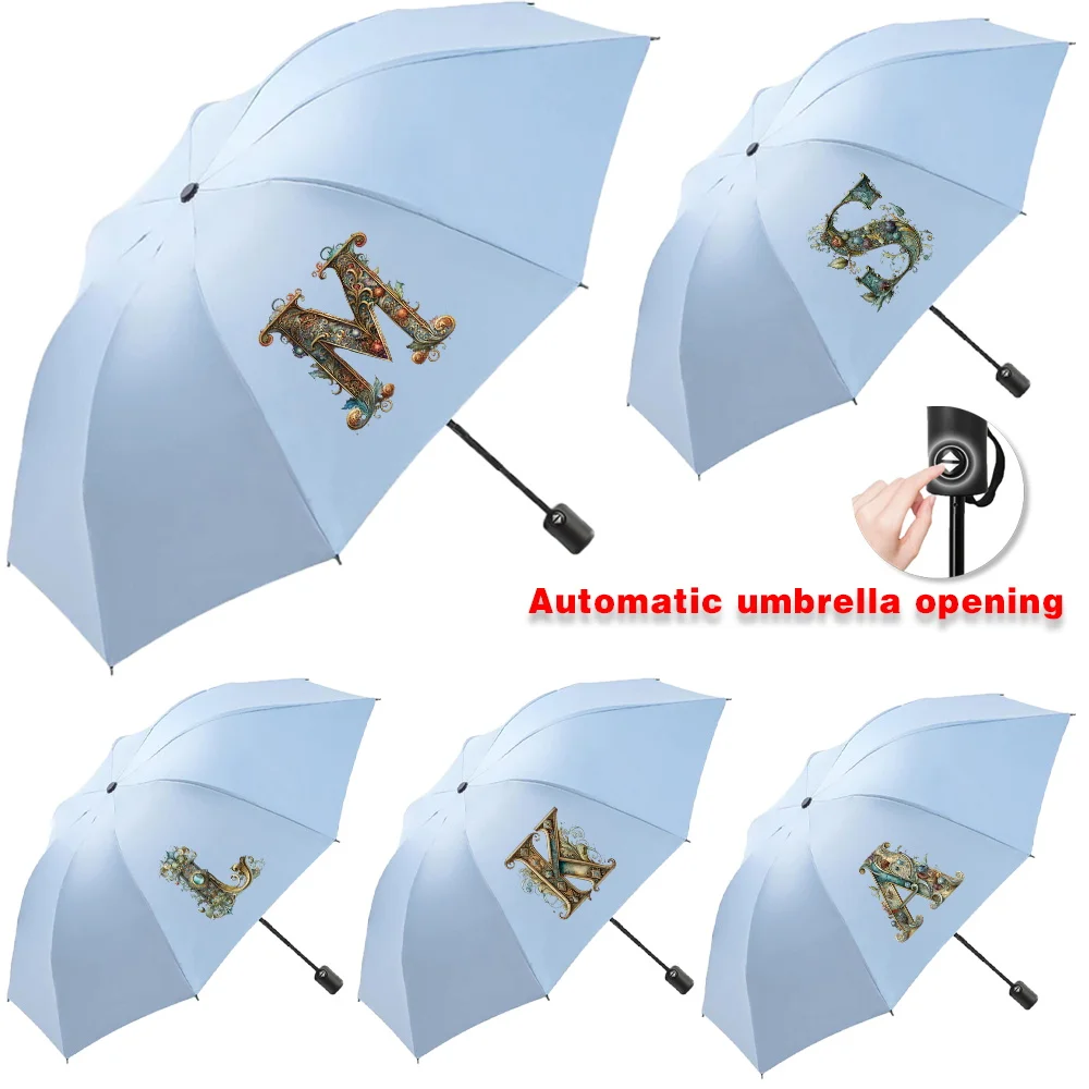 

Automatic Umbrella Portable Sunshade Sunscreen Rain Umbrella Blue Handle Foldable Graphic Letter Printing Travel Sun Rain Dual