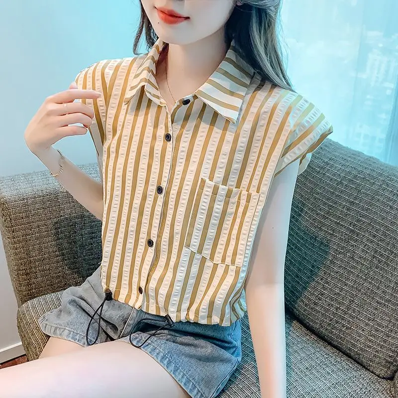 Casual Fashion Flying Sleeves Striped Shirt for Women\'s 2024 New Summer Popular Drawstring French Short Sleeves Commuting Top