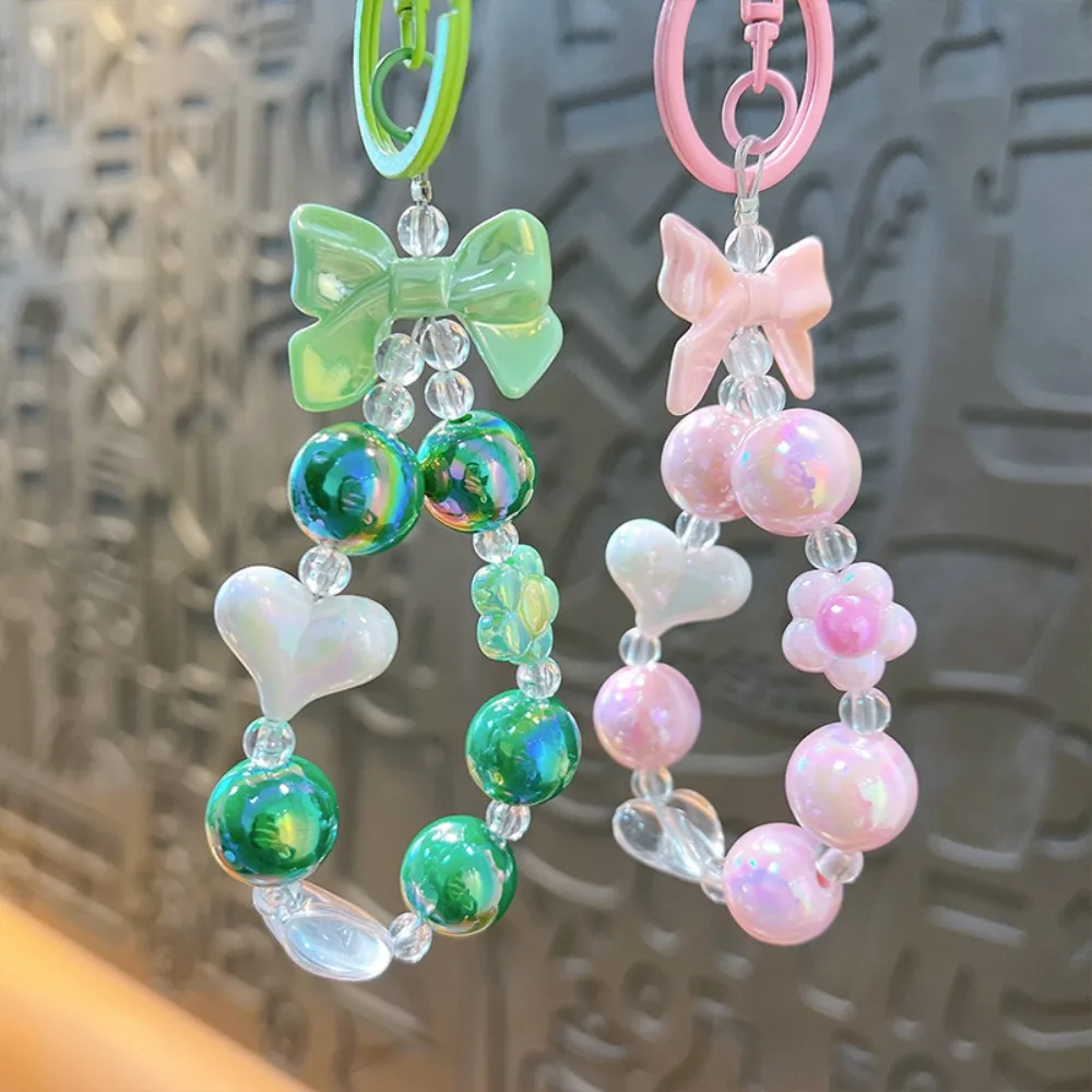 Candy Color Beaded Bag Accessories Car Keychain Bow Heart Keychain Bag Pendant Mobile Chain Lanyard Creative Mobile Phone Strap