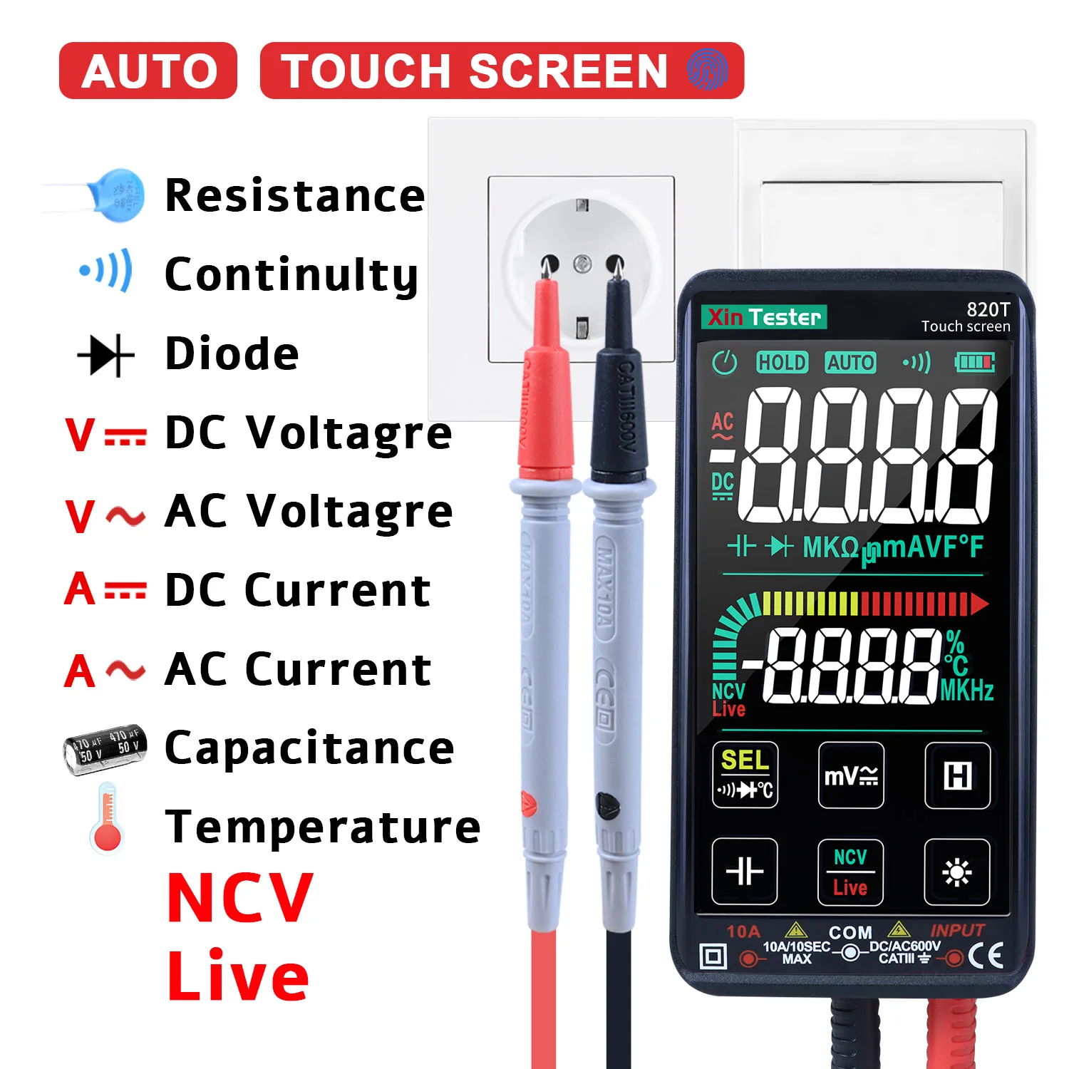 Xin Tester Touch Screen Digital Multimeter 820T AC DC Voltmeter Amp Ohm Resistance Capacitance Tester NCV +Rechargeable Battery