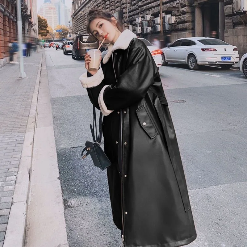 Long Straight Winter Coat Casual Women PU Faux Leather Deep Pockets Stylish Thicked Outwear