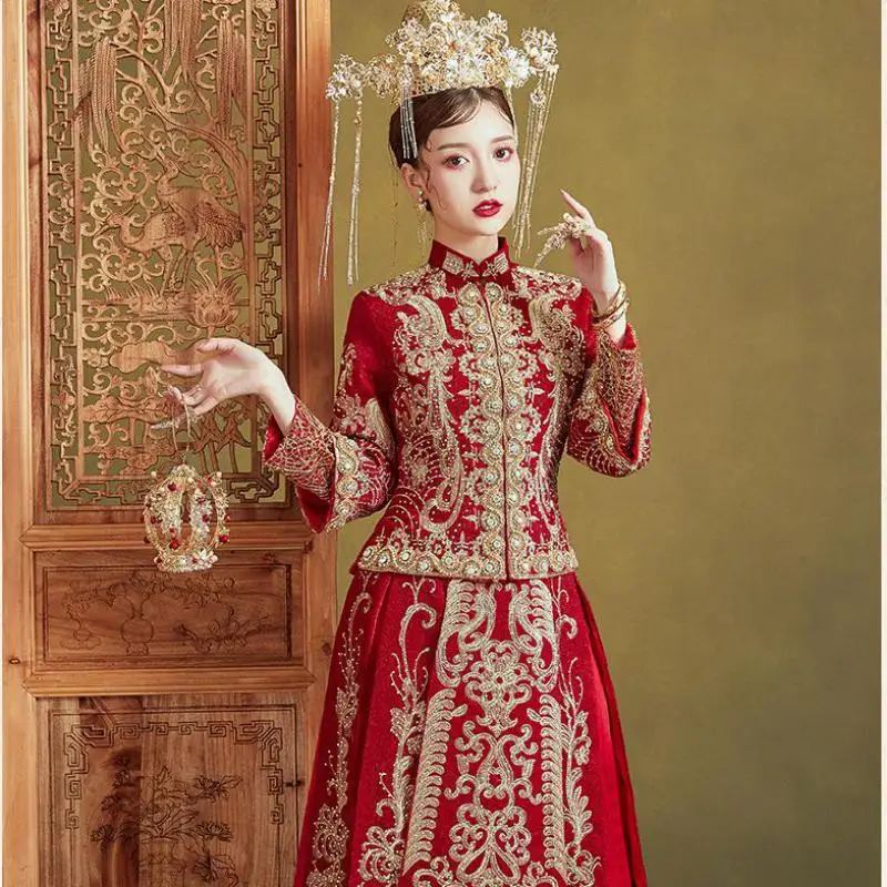 Oriental Gown Qipao Retro Embroidery Phoenix Chinese Traditional Women Wedding Cheongsam Stylish Elegant Bride Vintage Dress