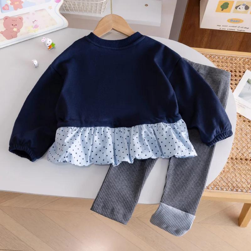 

Girls Autumn Suit25New Children's Sweet Cartoon Polka Dot Patchwork Sweatshirt Stylish Leggings Two-Piece Set Trendy