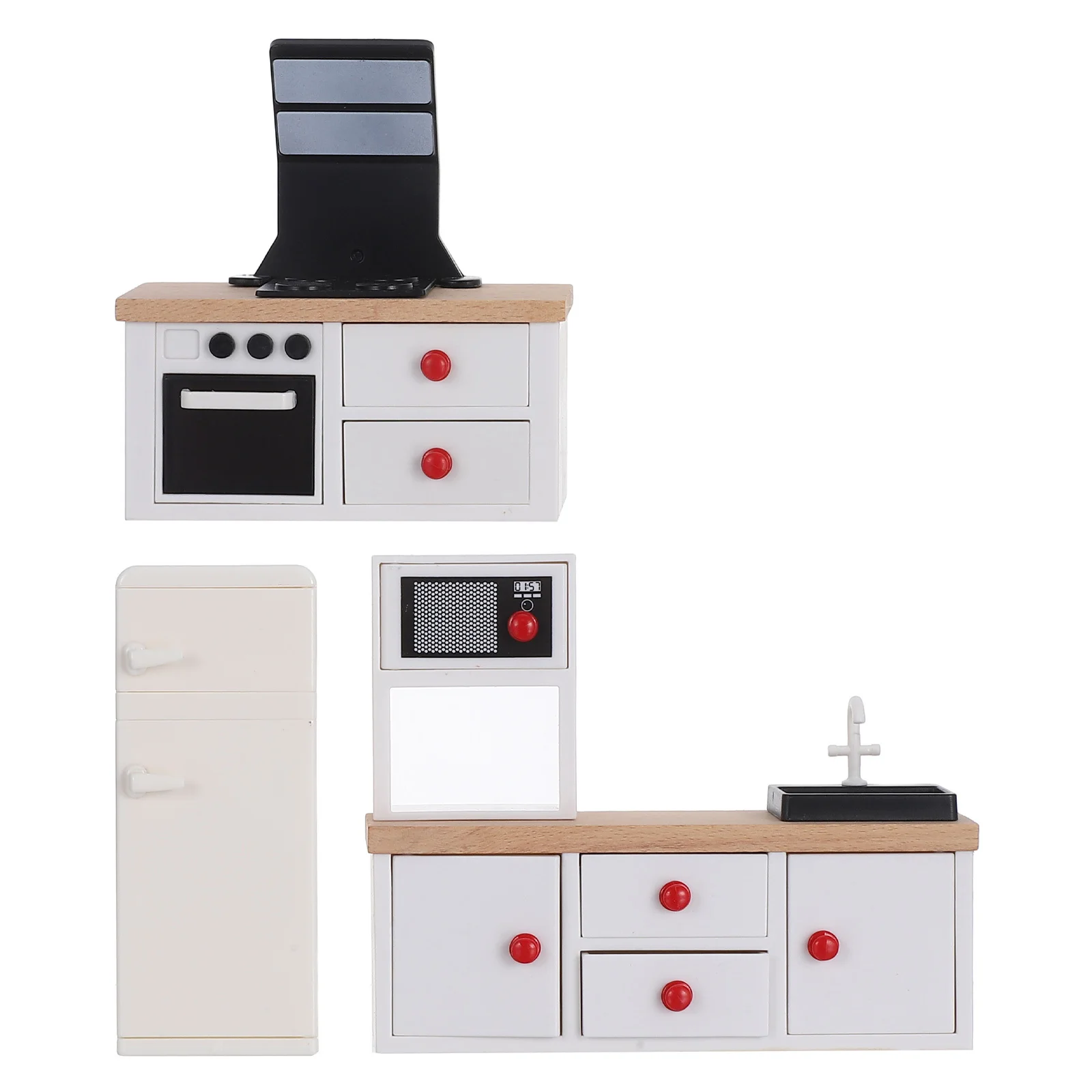 

3 шт. миниатюрная кухонная мебель, реалистичный дизайн, встроенная техника, безопасные закругленные края, улучшают эстетическое чувство
