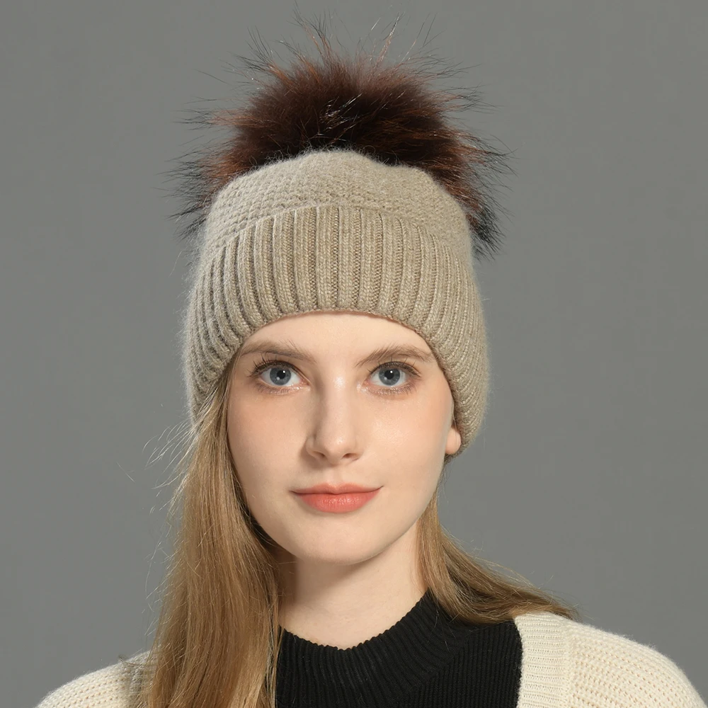 Jxwatcher Winter Hat for Women 2026 Autumn New Arrival Knitted Beanie Hats Fluffy Big Real Raccoon Fur Pompom Beanies Skull Caps