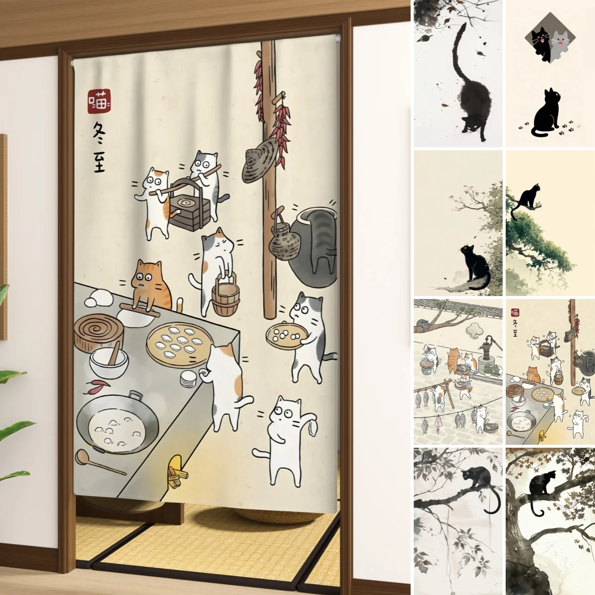 Winter curtain Cute Cat Door Curtain Chinese Traditional Festival Style Decorative Home Room Divider Single Piece Door Curtain