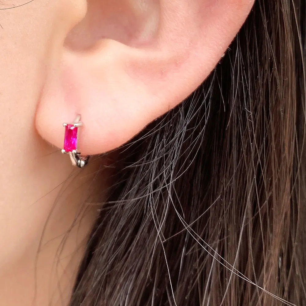 Huggies Earrings Purple white Green Blue Red Square Heart Silver Color Small Hoop Earrings for Women Girls Wedding Jewelry