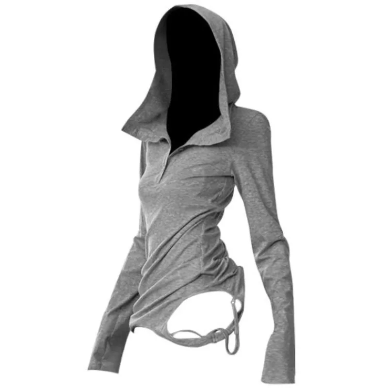 

Y2k Aesthetic Hole Hooded Women T-shirt Harajuku Gothic Punk Vintage Button Spring Tshirts Streetwear Grunge Slim Fit Fairy Tees