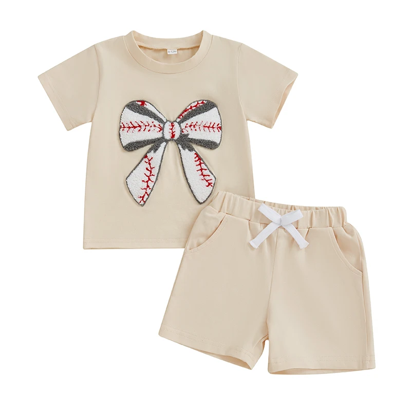 Toddler Girls Summer Outfit Rugby Bow Embroidery T-Shirt and Elastic Shorts Set Cute 2 Piece Clothes