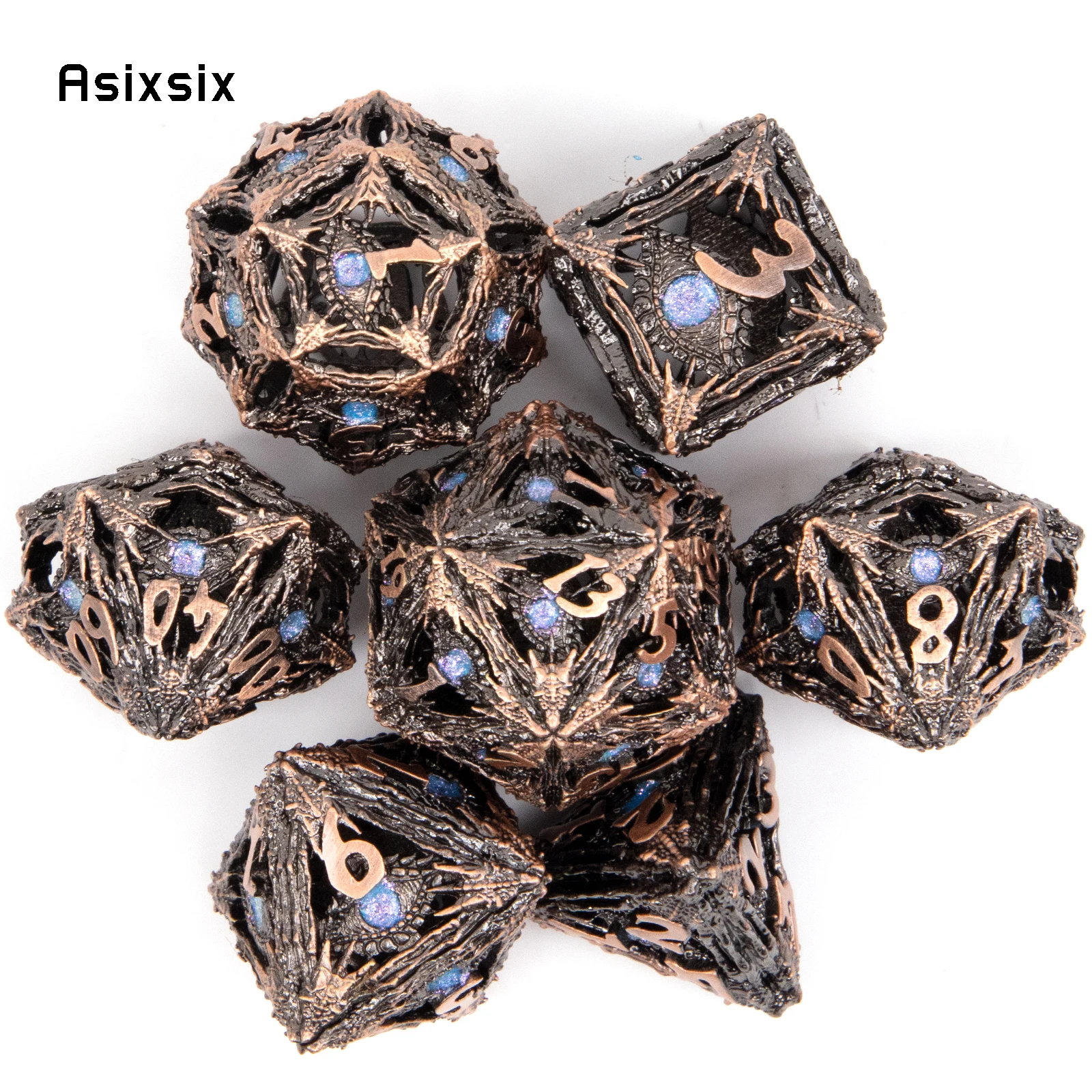 7 Pcs Copper Blue Eyes Metal Dice Hollow Metal Polyhedral Dice Set Suitable for Role-Playing RPG  Board Game Card Game