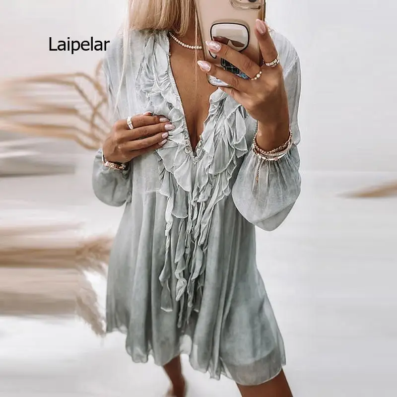 

Fashion Women Puff Sleeve Party Dress Elegant Spring Ruffles V-Neck Ladies Dress Casual Knee-Length Design Dresses Robe Mujer