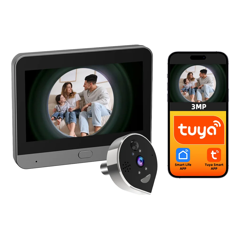 4.3inch Tuya APP 3MP 360Degree Fish Eye Lens WIFI Doorbell Intercom Visual Panoramic Video Door Phone Peephole Camera Doorviewer