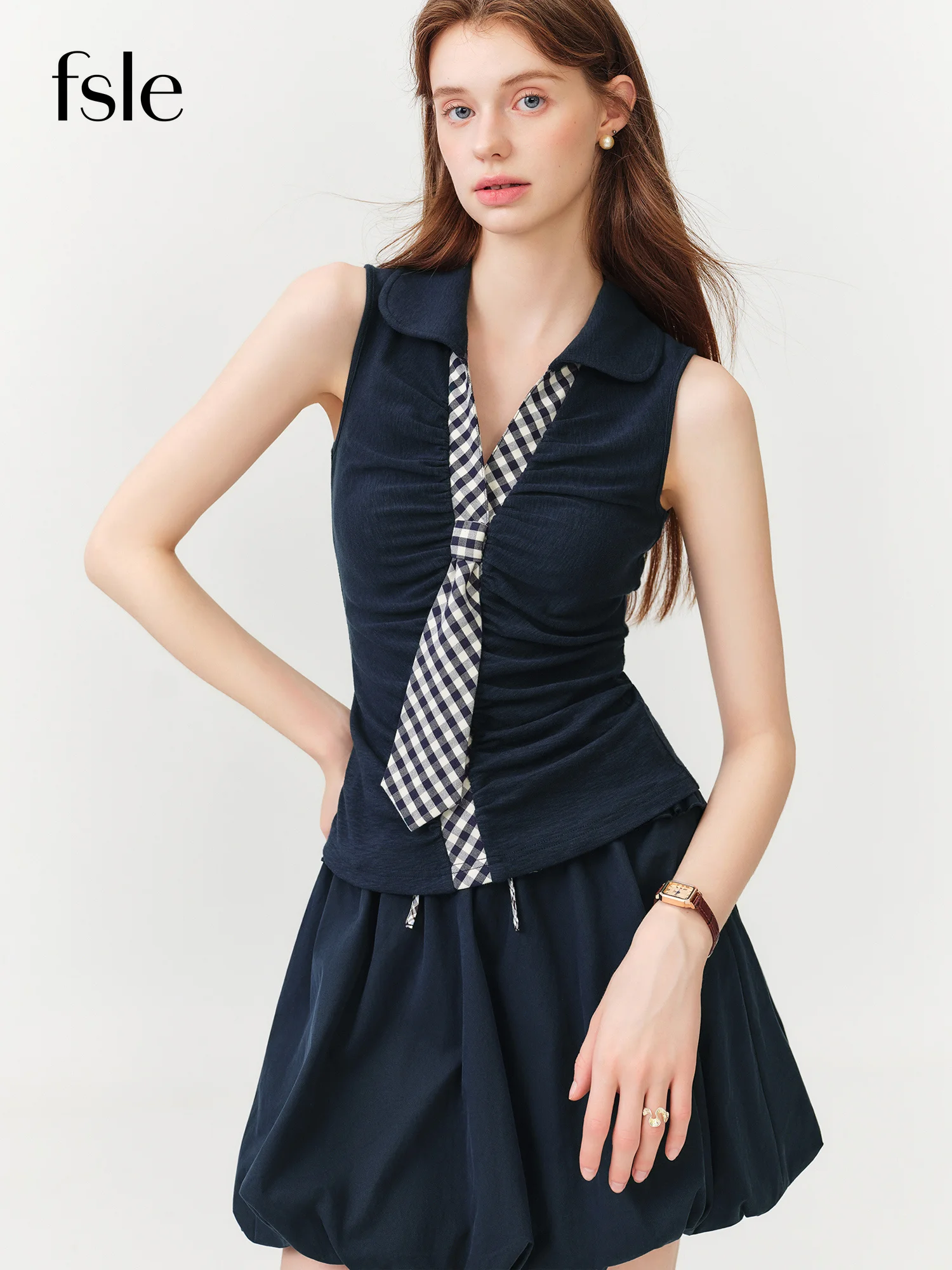 FSLE College Style Contrasting Plaid Slim Fit Sleeveless T-shirt for Women Summer 2026 New Short-sleeved Korean K-pop Streetwear