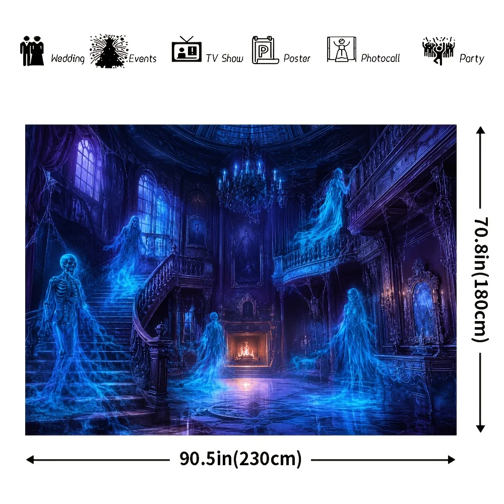 1pc Haunted Mansion Blue Ghosts Skeleton Staircase Halloween 2D Flat Tapestry Backdrop For Party Decor Spooky Wall Hanging Art