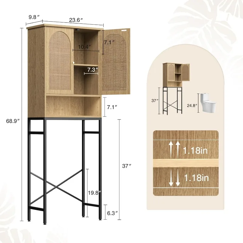 Rattan Toilet Storage Cabinet, Over the Rack Wood Cabinet with Metal Stand, Bathroom Organizer with Adjustable Shelf