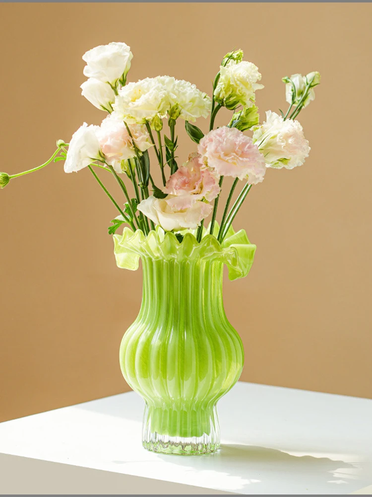 

Creative Green Striped Glass Vase High-end Lace Hydroponic Flower Arrangement Container Living Room Dining Table Office Vase New