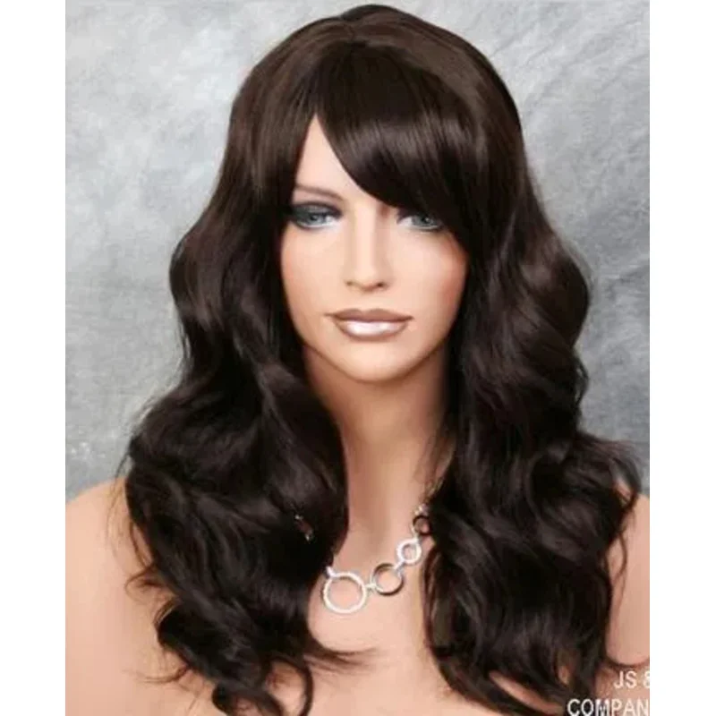 

Human Hair Blend Long Dark Brown Wavy Striking Wig full bangs HEAT SAFE 4 wii