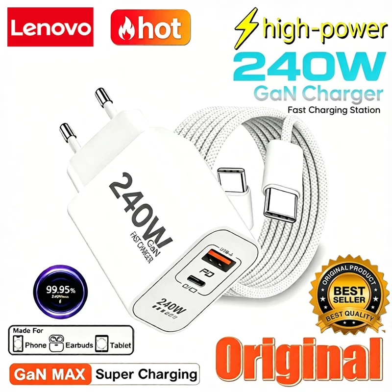 Lenovo Original 240W GaN Fast Charger USB PD 2 In 1 QC3.0 Super Fast Charging EU/US Plug Adapter For IPhone18 Samsung For Xiaomi