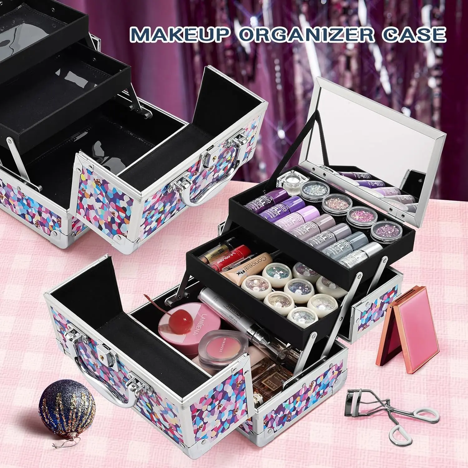 Makeup Box Cosmetic Train Case Jewelry Organizer Lockable with Keys and Mirror 2-Tier Tray Portable Handle Travel Storage