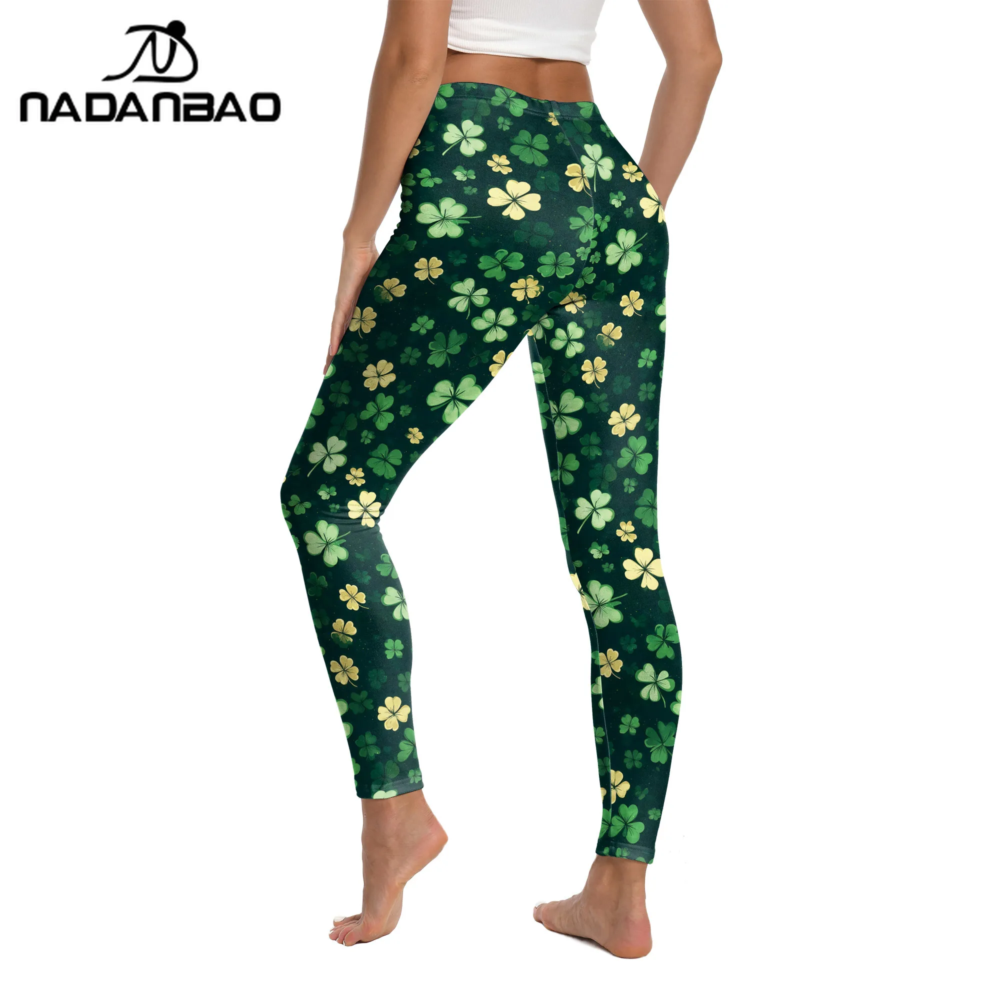 Nadanbao женские леггинсы с ирландским зеленым клевером и листьями, брюки с 3D принтом трилистника, вечерние брюки на день Святого Патрика, эластичные обтягивающие брюки для йоги