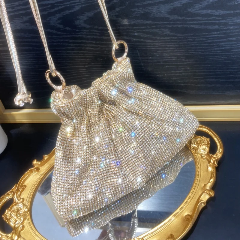 Shiny Full Drill Evening Handbag Ladies Weaving Thick Shoulder Straps Crossbody Bag Drawstring Style Rhinestone Bucket Bag