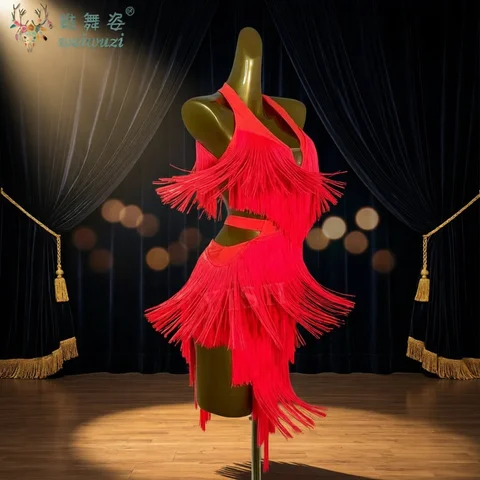 Latin Dance Competition Show Custom Adult Children's Red Fringe Dance Dress Ballroom Rumba Chacha Tango Performance Wear