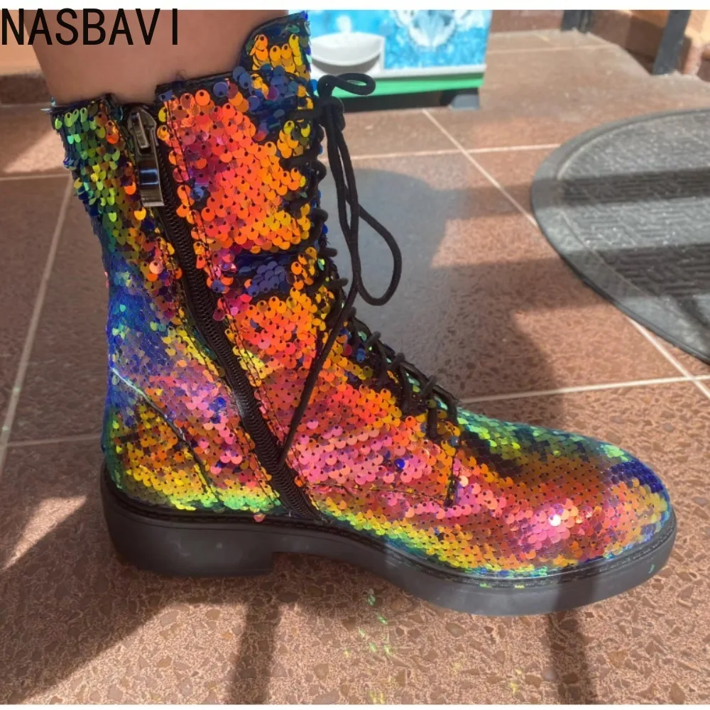 Discoloration Sequined Cloth Short Boots for Women Short Plush Autumn Winter Low Heel Round Toe Shoes Zipper Glitter Ankle Boots