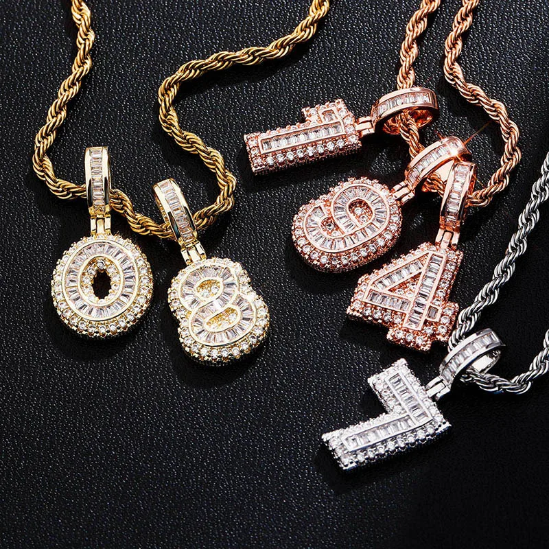 Iced Out Baguette CZ Zircon Number Pendant DIY Spliced Digit Charm Hip‑Hop Custom Name Necklace Jewelry for Men Women Wholesale