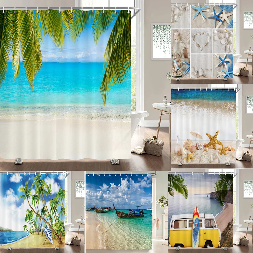 

Sunny Sea Beach Wave Vacation Scenery Printed Shower Curtains Waterproof Polyester Frabic Decor Bathroom Curtains With Hooks