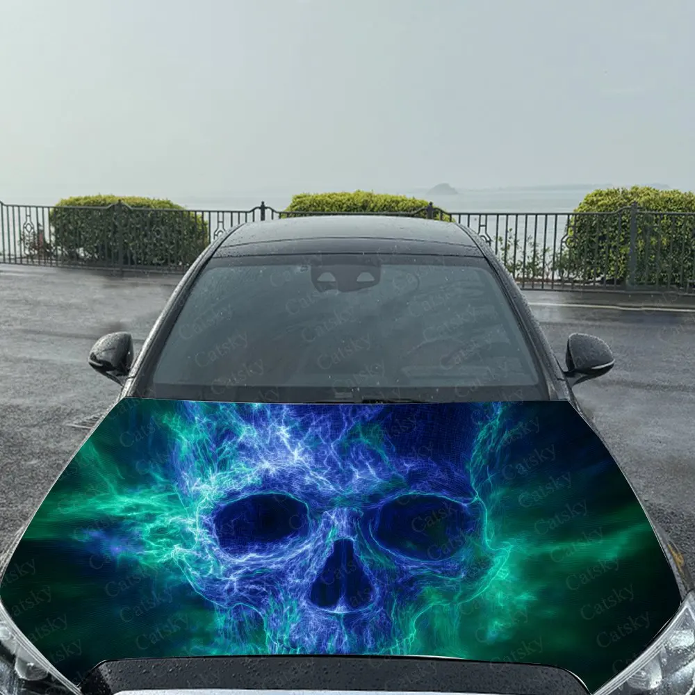 ملصق سيارة على شكل جمجمة زرقاء مع تصميم فني نسيجي كوانتوم نيون، يخلق غطاء سيارة مرئي غامض وقوطي علمي #5