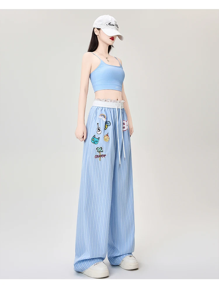 

Summer Women'S Pants Y2K Shoujo Girl Aesthetic Pants Striped Blue Lace Patchwork Striped Palazzo Trousers Casual Wide Leg Slacks