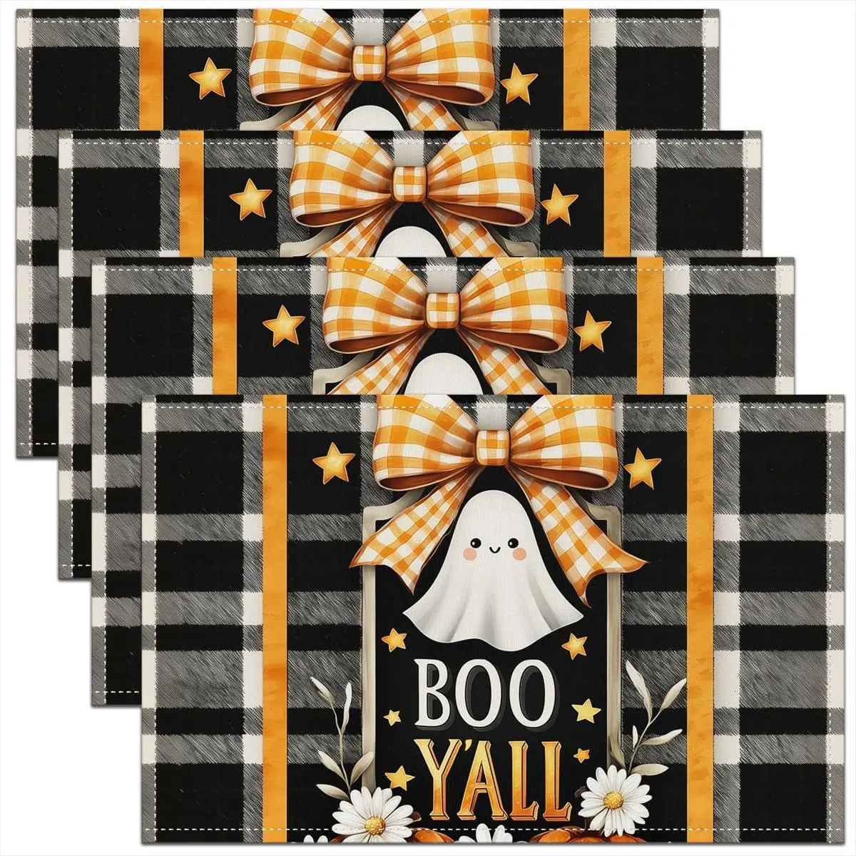 Cute Bow Ghost Placemats Set of 4,Fall Pumpkin Flower Table Place Mats for Kids Boys Girls,Halloween Autumn
