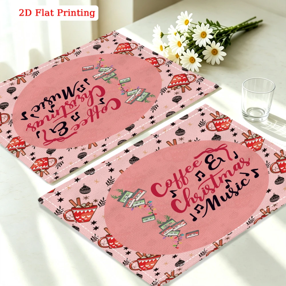 1pc Christmas Style Placemat Pink Coffee Christmas Music Print Table Mat For Dining Kitchen Home Decor Use 30x40cm Cover