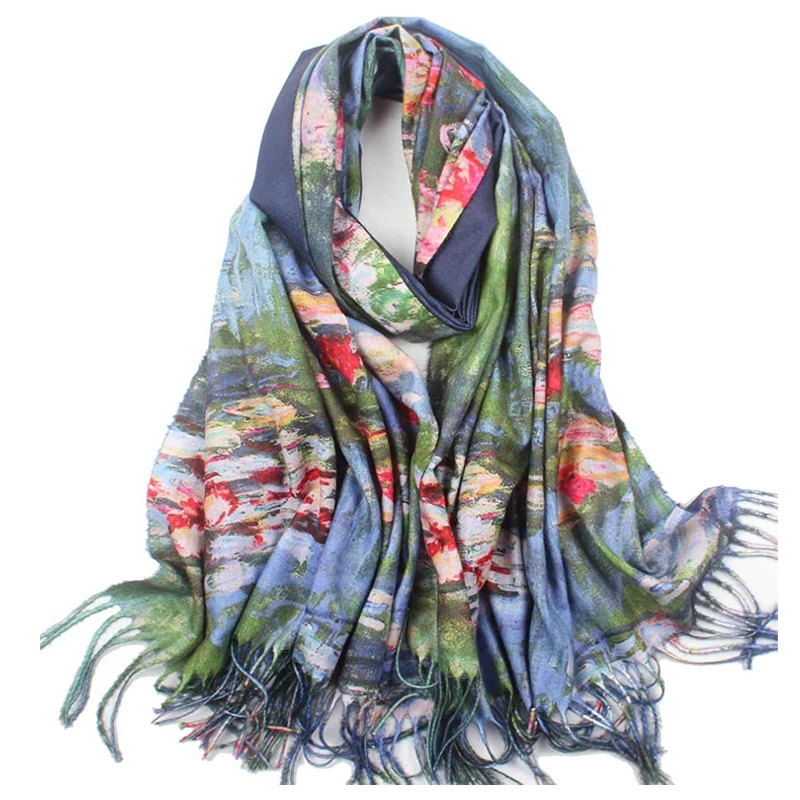 Luxury Winter Cashmere Scarf Women Design Monet Water Lily Pashmina Blanket Thick Warm Scarves Female Long Shawl Wraps Tassels