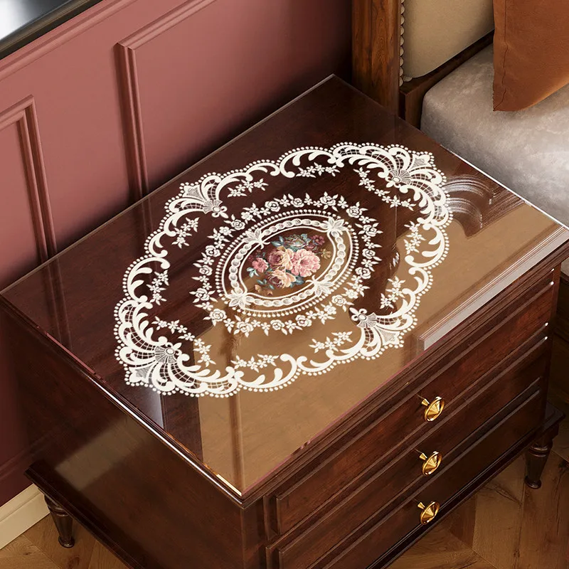 Soft Glass Nightstand Cover Cloth Lace Transparent Tablecloth Waterproof Oil Proof Coffee Mat Square Table Desk Protection Pad