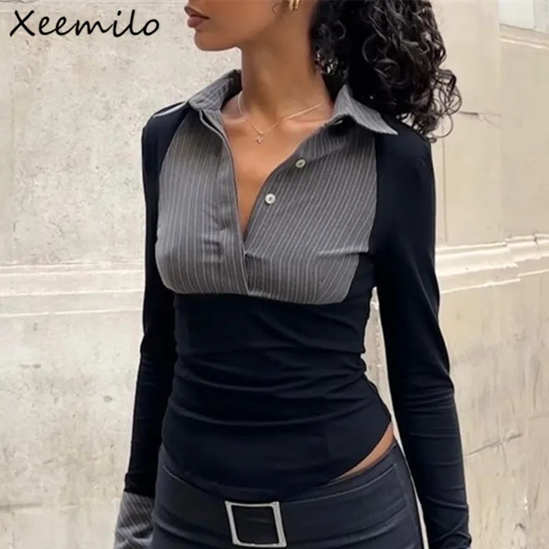 Xeemilo Official Ladies Stripe Print Patchwork Shirts Fashion Polo-neck Button Skinny Crop Tops Autumn New 2023 Elegant Shirts