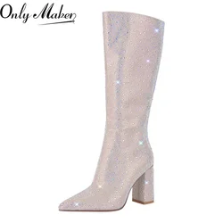 Onlymaker kobiety Sliver Rhinestone buty do kolan boczny zamek błyskawiczny moda ręcznie robione buty na obcasie