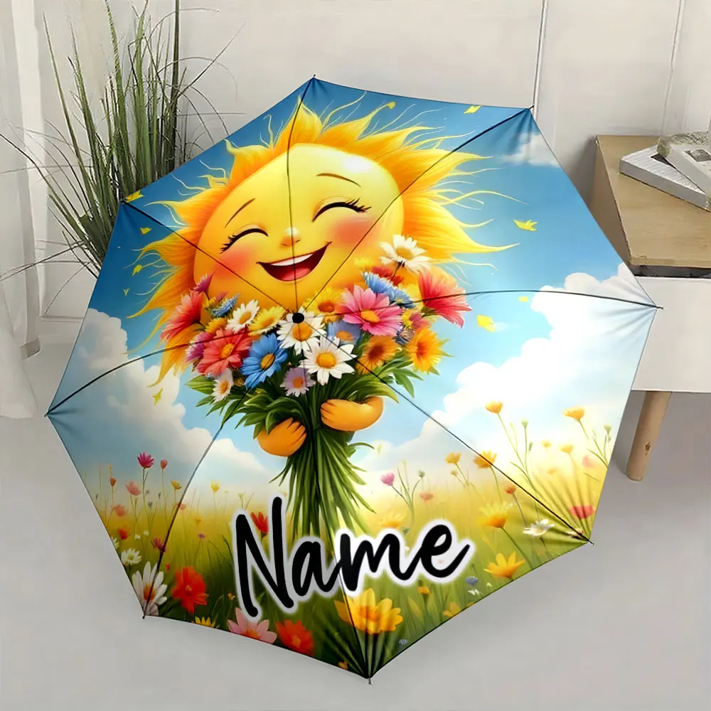 Custom Name  Cheerful Sun with Colorful Flower Bouquet Design Umbrella 8 Iron Ribs Folding Umbrella Auto-Open Fashion Sunshade