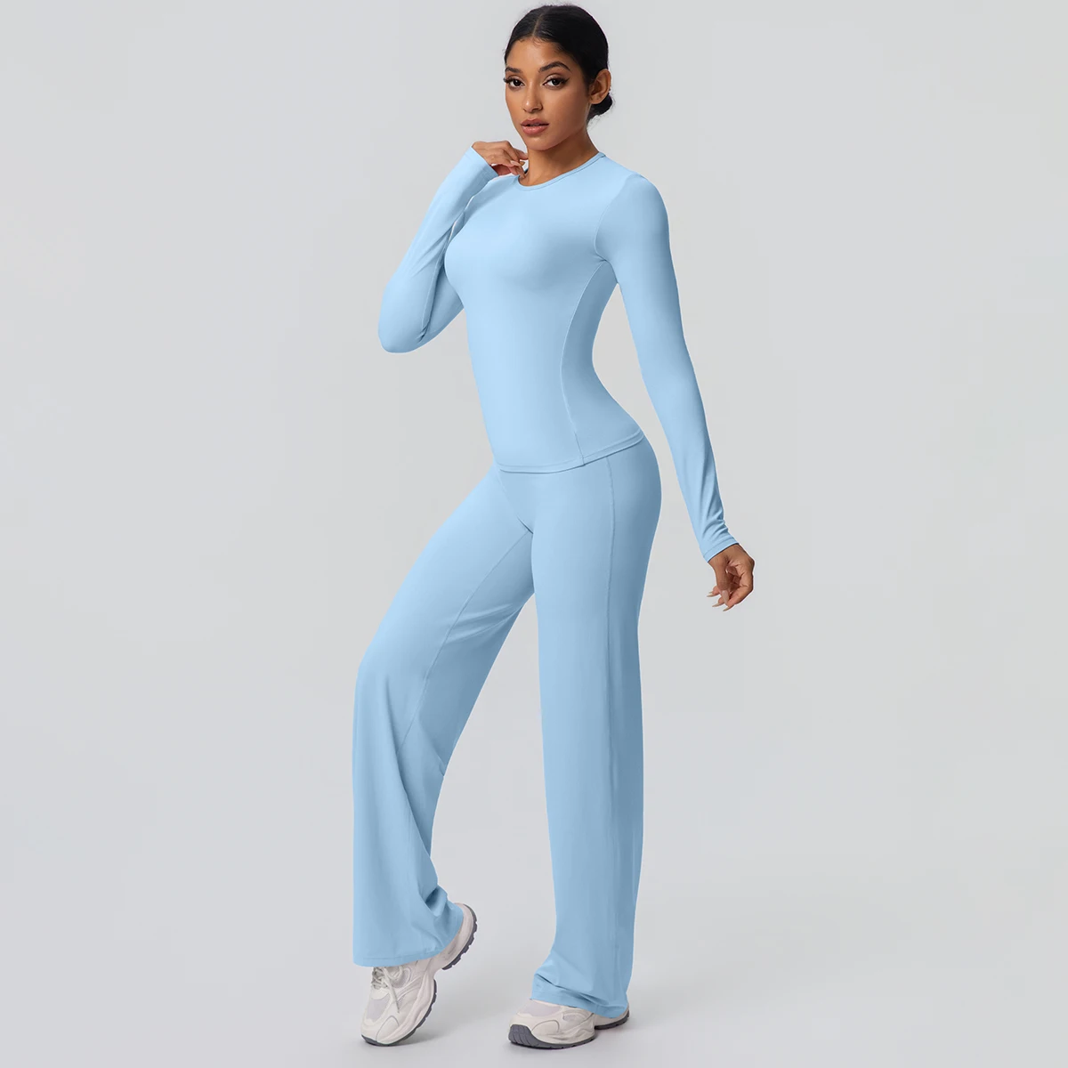 2 stück Frauen Gym Yoga Set Lauf Shirts Schlank Lange Ärmel Workout Top Schnell Trocknend Hohe Stretch Breite Bein Hosen dünne Yoga Set – Detail 33