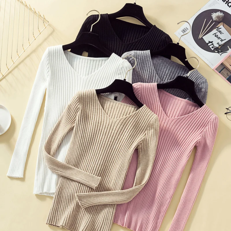 2024 V-neck Solid Autumn Winter Sweater Women Pullover Female Knitted Sweater Slim Long Sleeve Badycon Sweater Cheap Tops