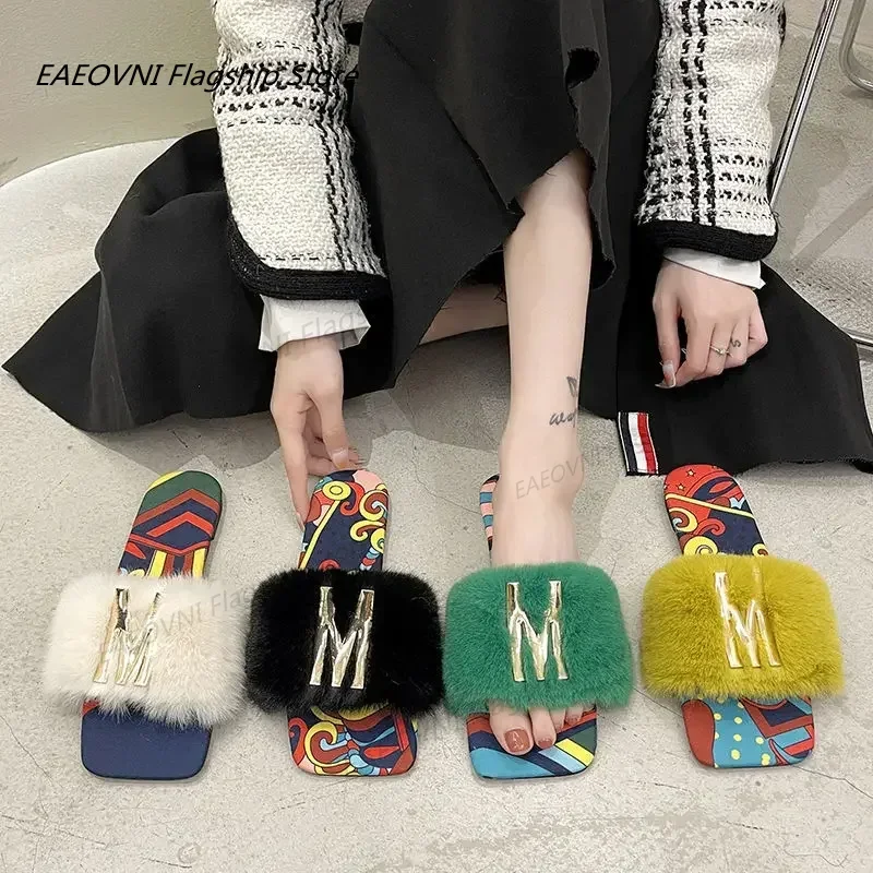 

Women Summer Furry Fur Slippers Flat Non-slip Solid Real Fox Fur Slides Fluffy Slippers Ladies Shoes Woman Home Slipper