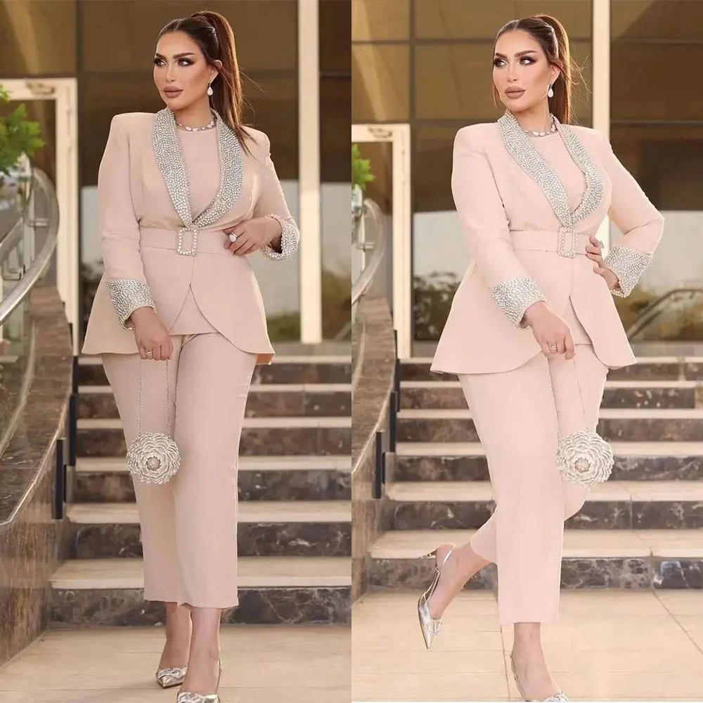 Pink Women Suits 2 Pieces With Belt Luxury Crystal Blazer Jacket+Pants Formal Office Custom Made Party Prom Dress