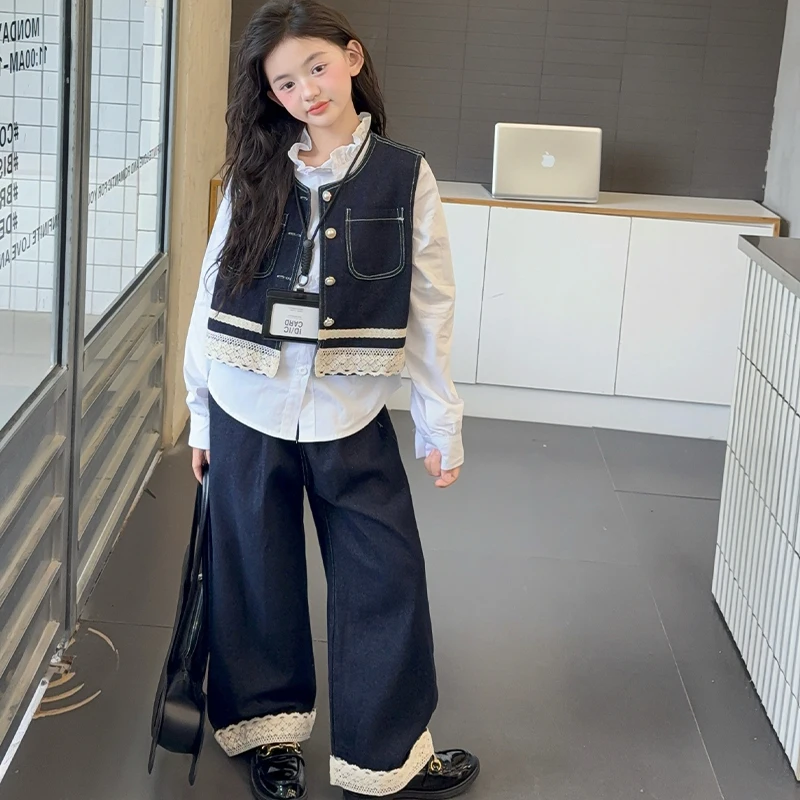

autumn junior kids pants suit child cowboy clothes suit Lace denim vest+ruffled shirt+wide leg jeans 3pcs teen girls outfits 14